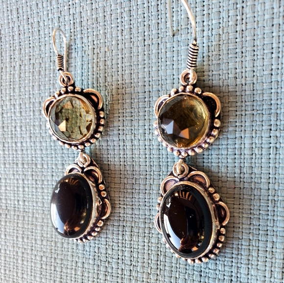 New Black Onyx and Peach Quartz Silver Earrings. - Picture 2 of 12
